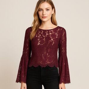 Burgundy Floral Lace Bell Sleeve Sheer Top Women’s Size M